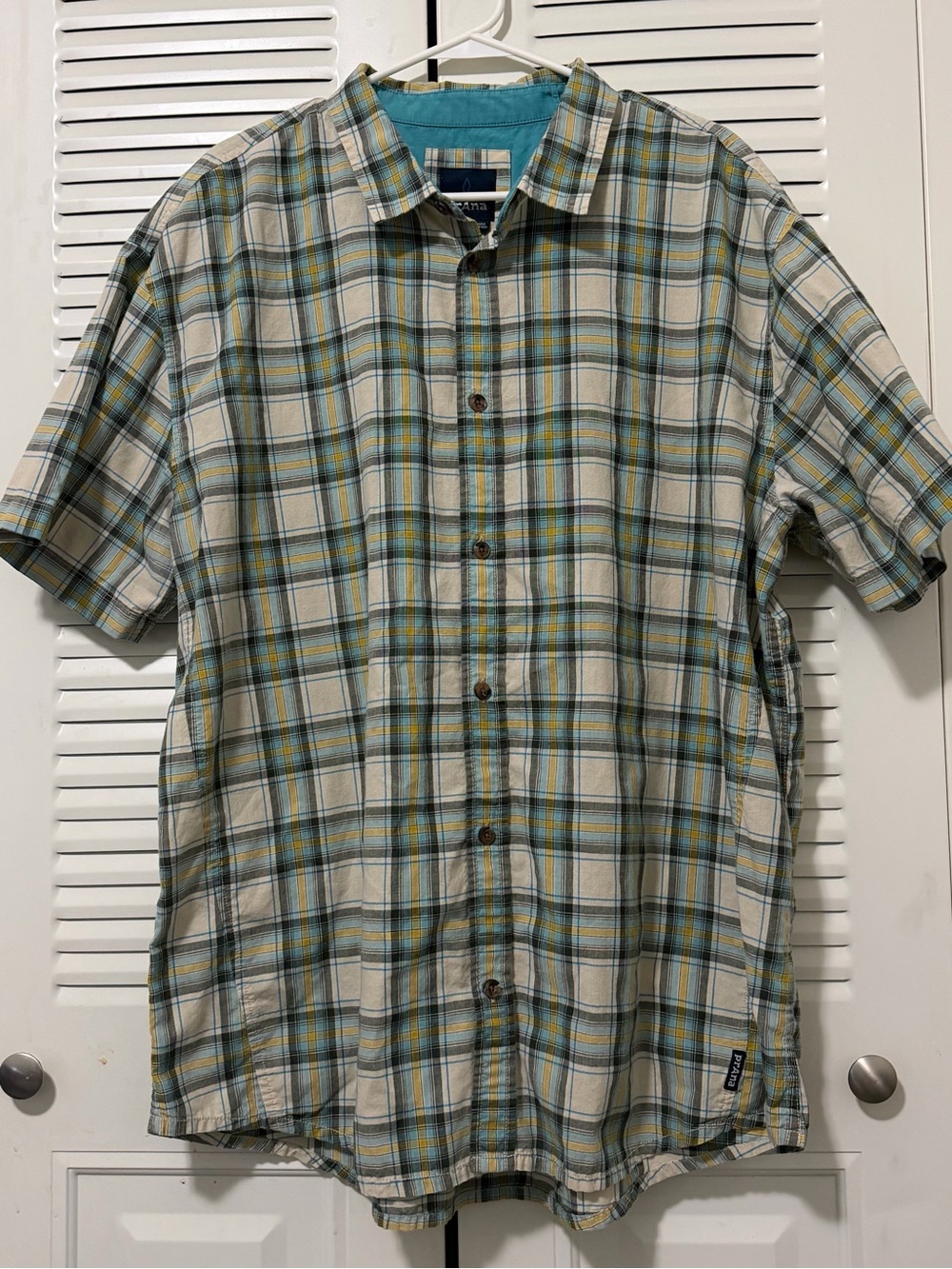 Prana Men's Teal and Cream Plaid Short Sleeve Button-Down Shirt